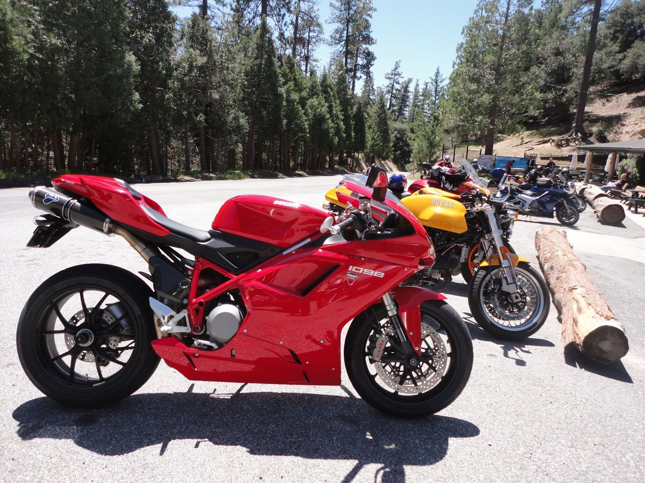 Ducati 1098 and other motorcycles in lot at Newcomb's Ranch
