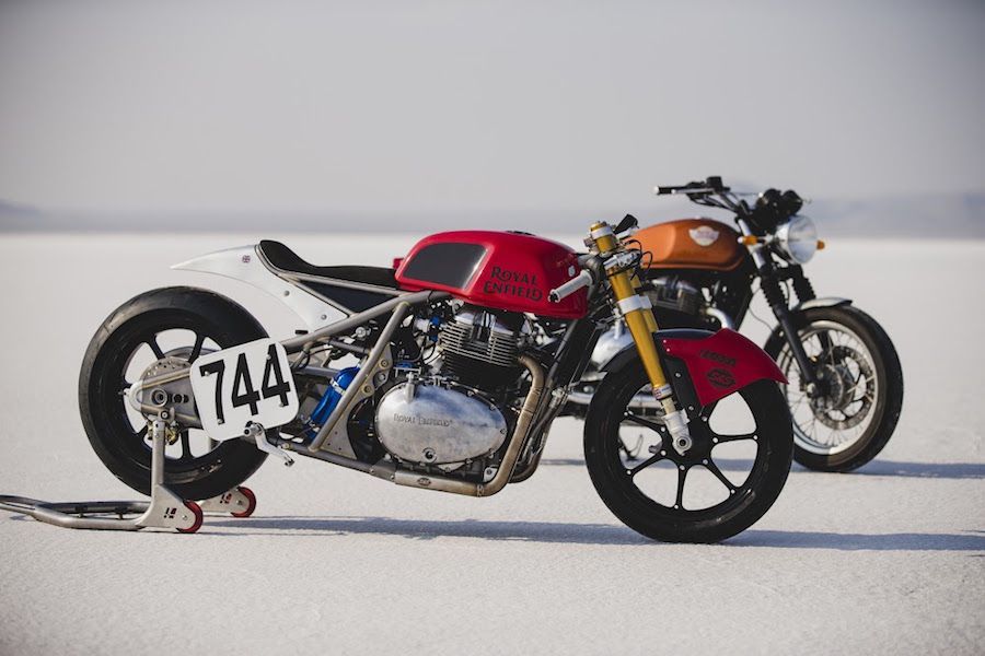 The Royal Enfield-based Racer in front of the stock 650 twin street model