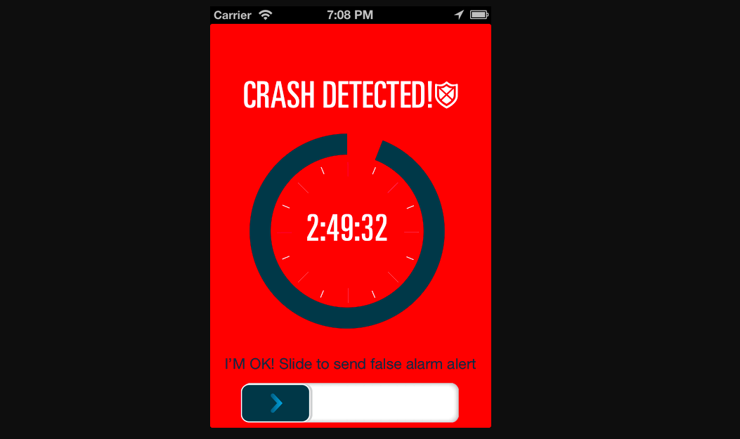 The crash detection screen on the ESR App
