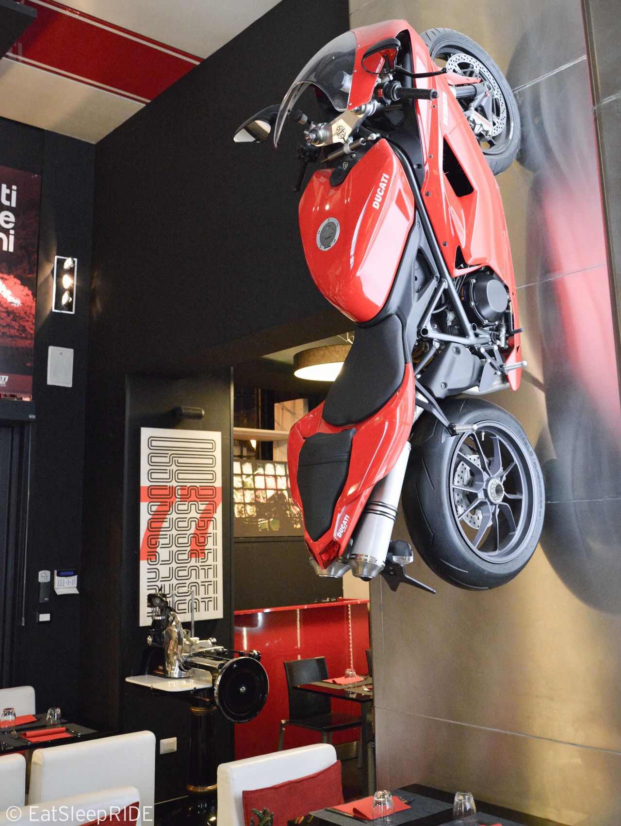Motorcycle wall hanging at the Ducati Caffè in Roma