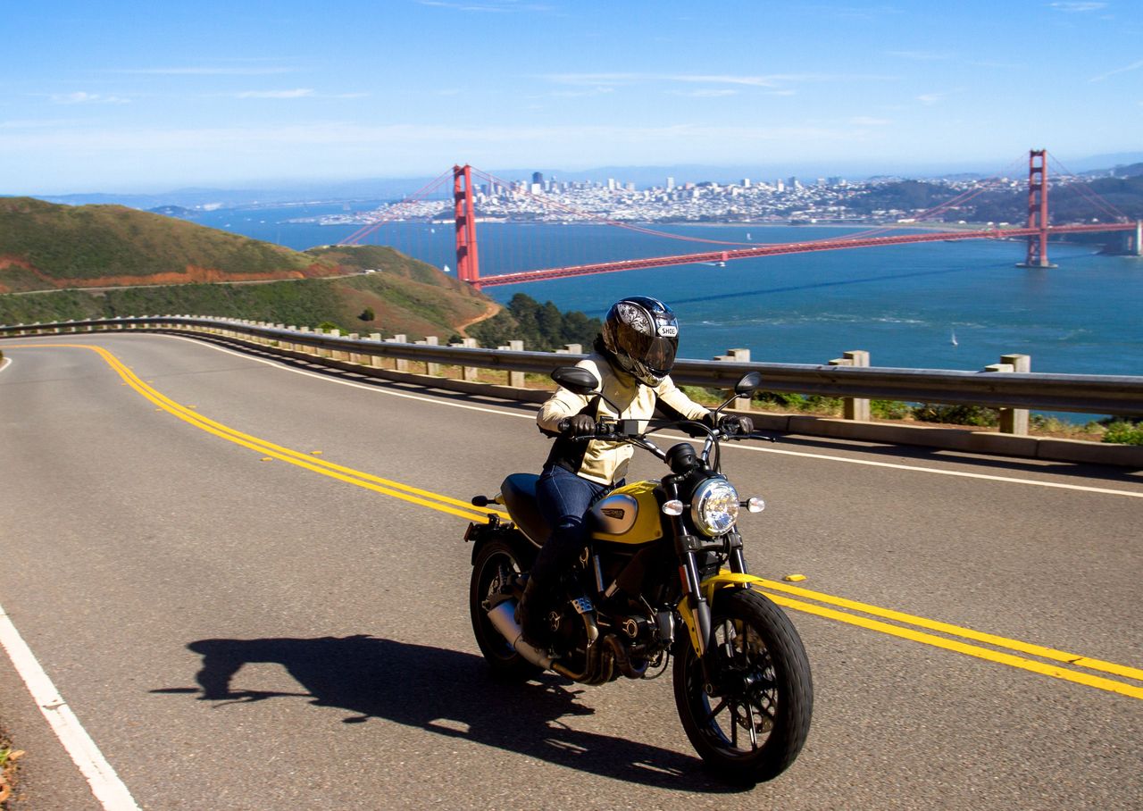 Riding the Scrambler up Hawk Hill to the overlook of the Golden Gate bridge