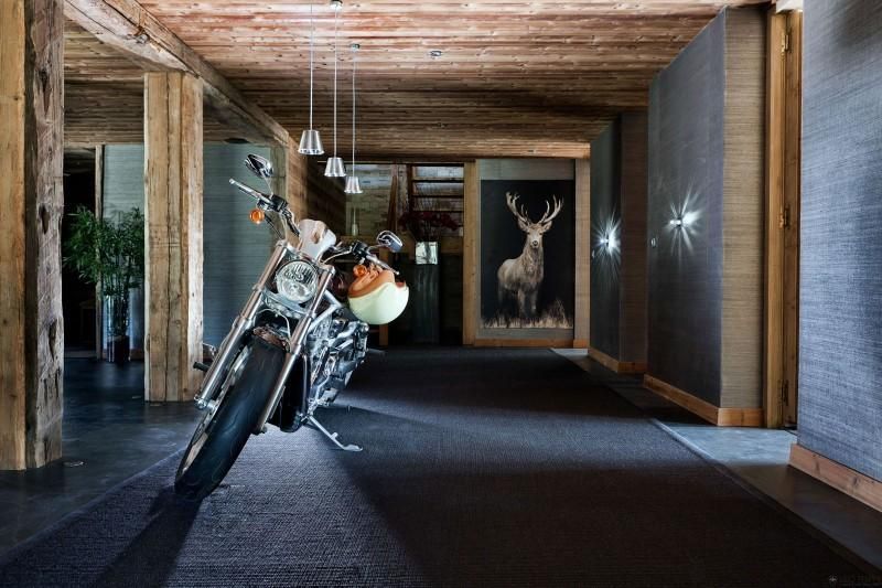 Vintage Motorcycle Simple Chandeliers Deer Statue Grey Wall Indoor Plant