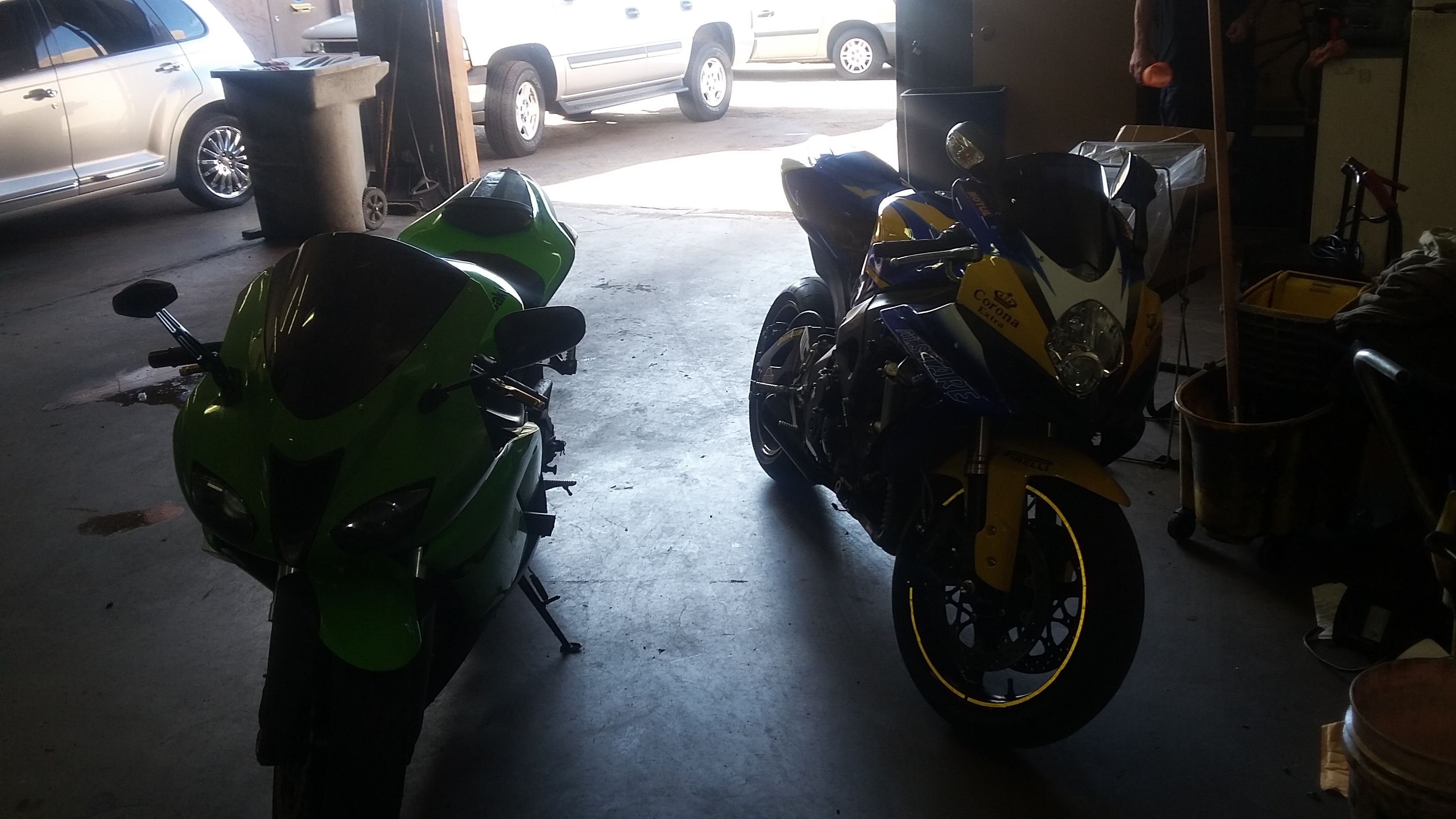 my zx6r and gsxr 1000 in the shop at work