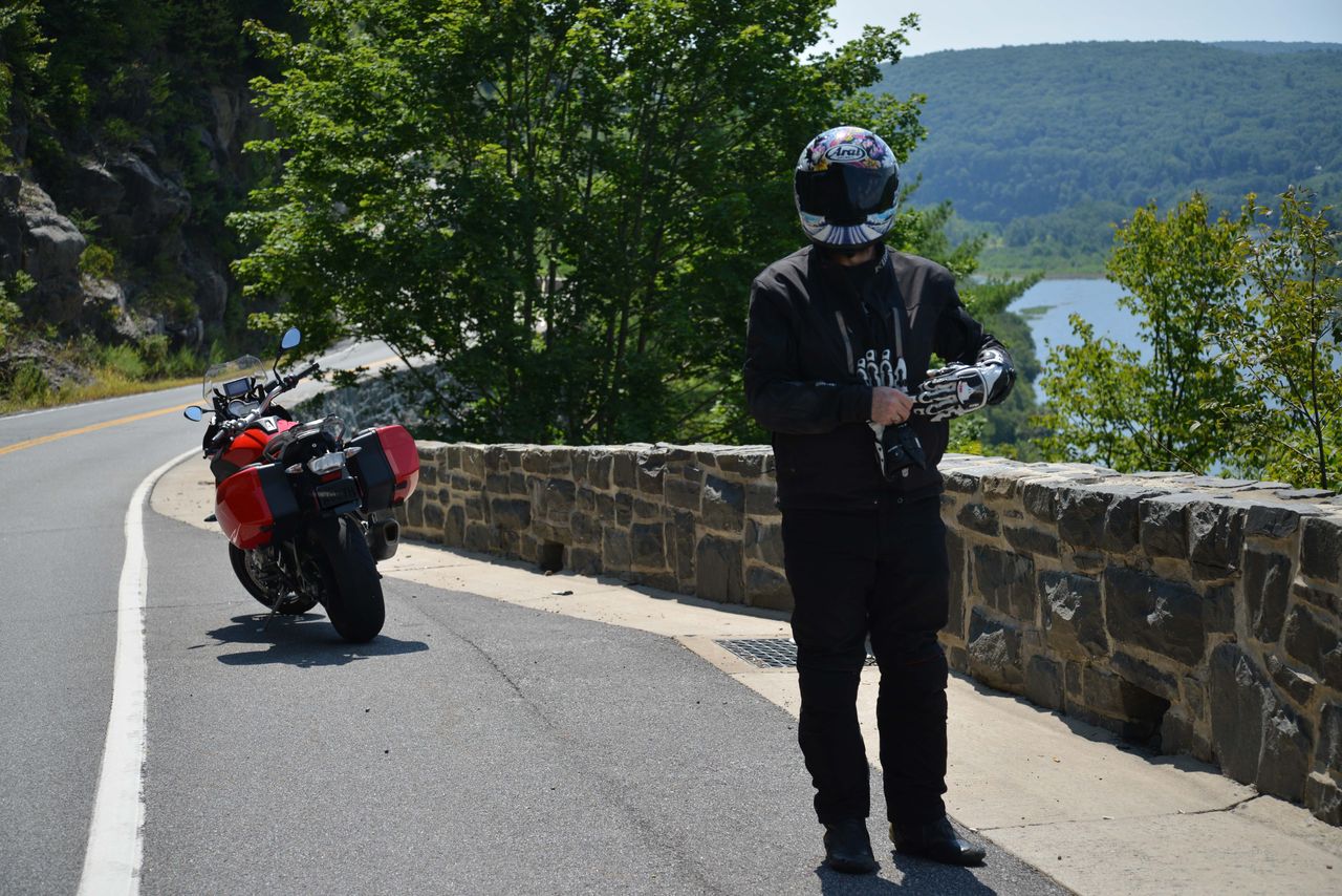 Alex at the top of the Hawk's Nest on the BMW S1000R