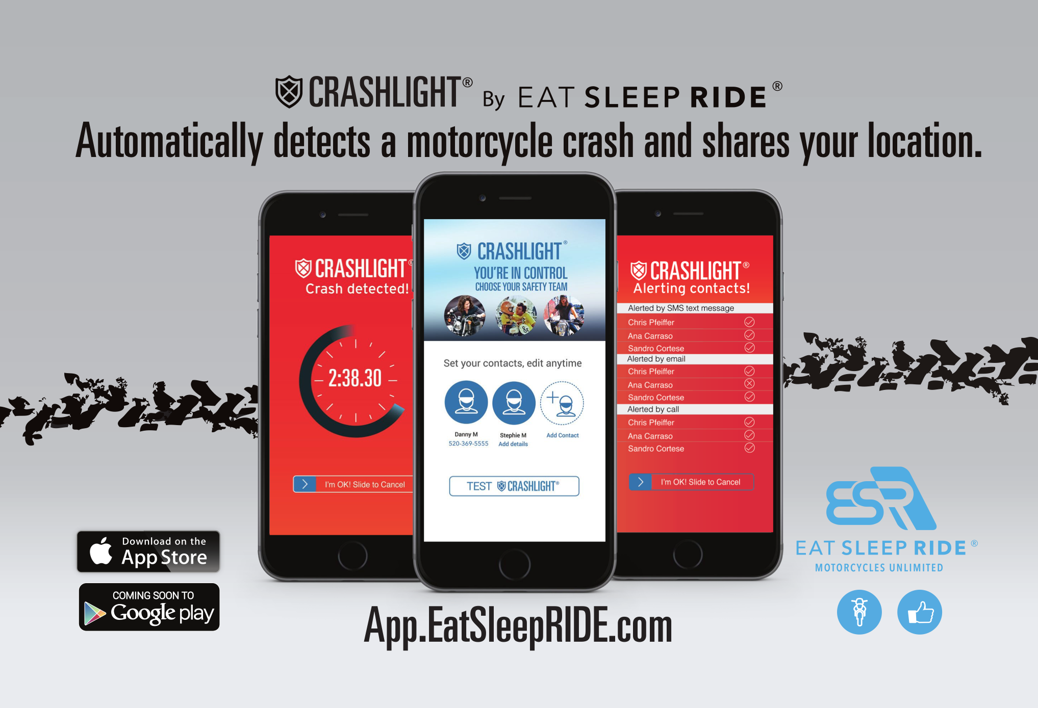 CrashLight® by EatSleepRIDE automatically detects a crash and notifies your contacts