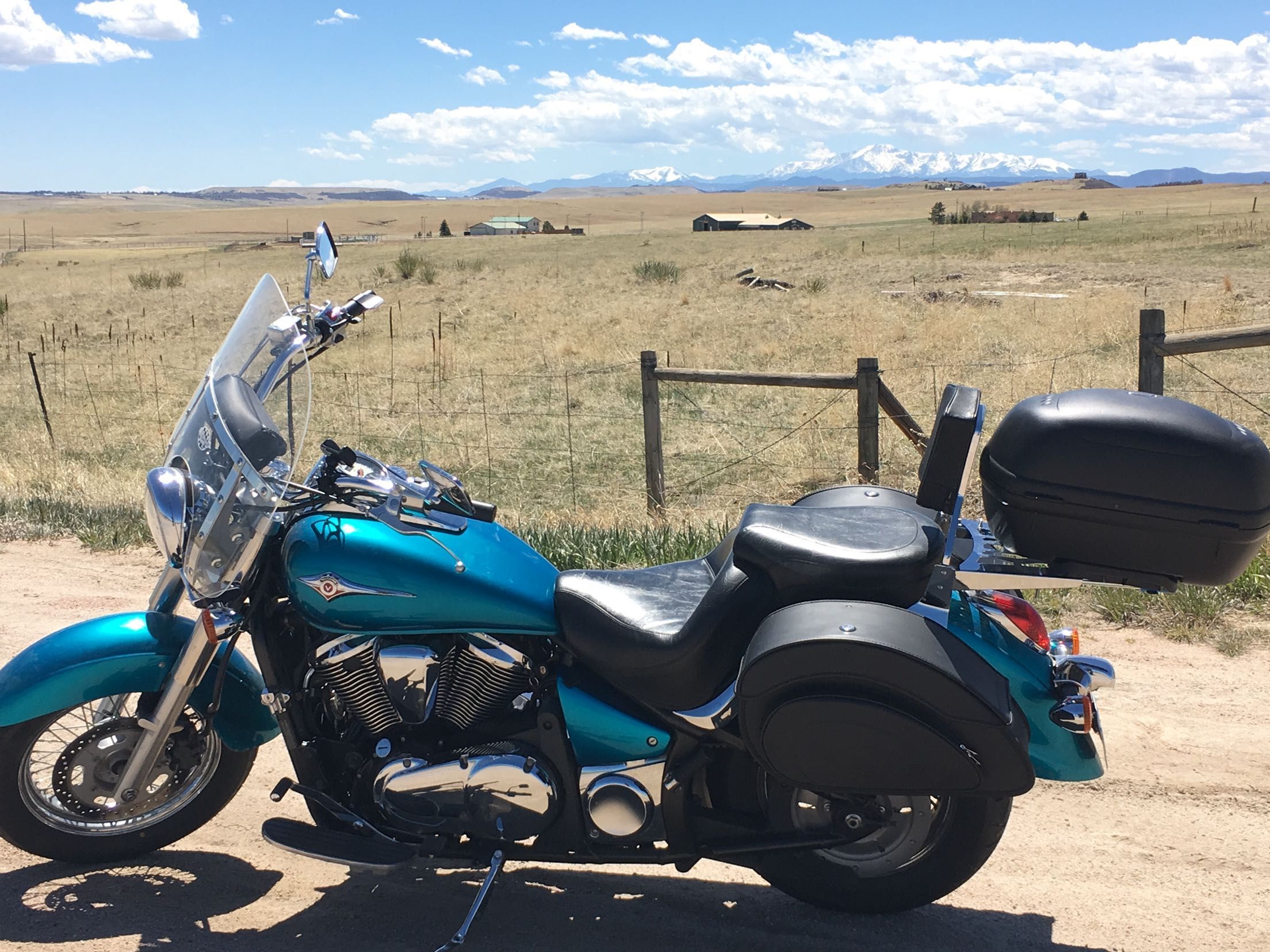 Tuvoc in front of Pike's Peak.  rocking my new Saddlebags & topcase. 