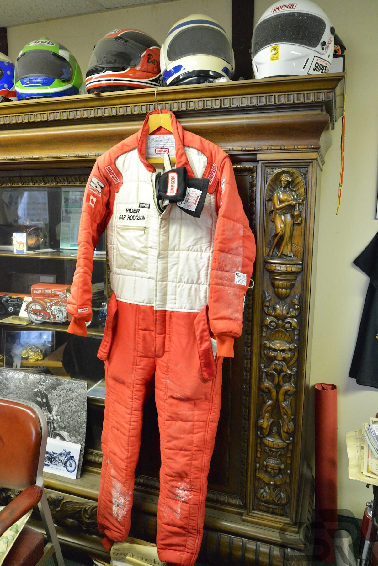 The suit Bar crashed in at Bonneville hangs proudly in his office