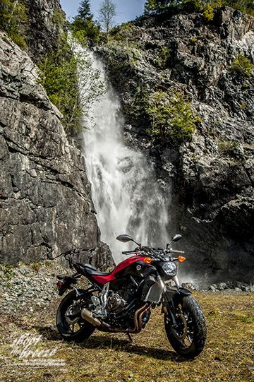 Spring runoff creates spectacular waterfalls contrasting the 2015 Yamaha FZ-07