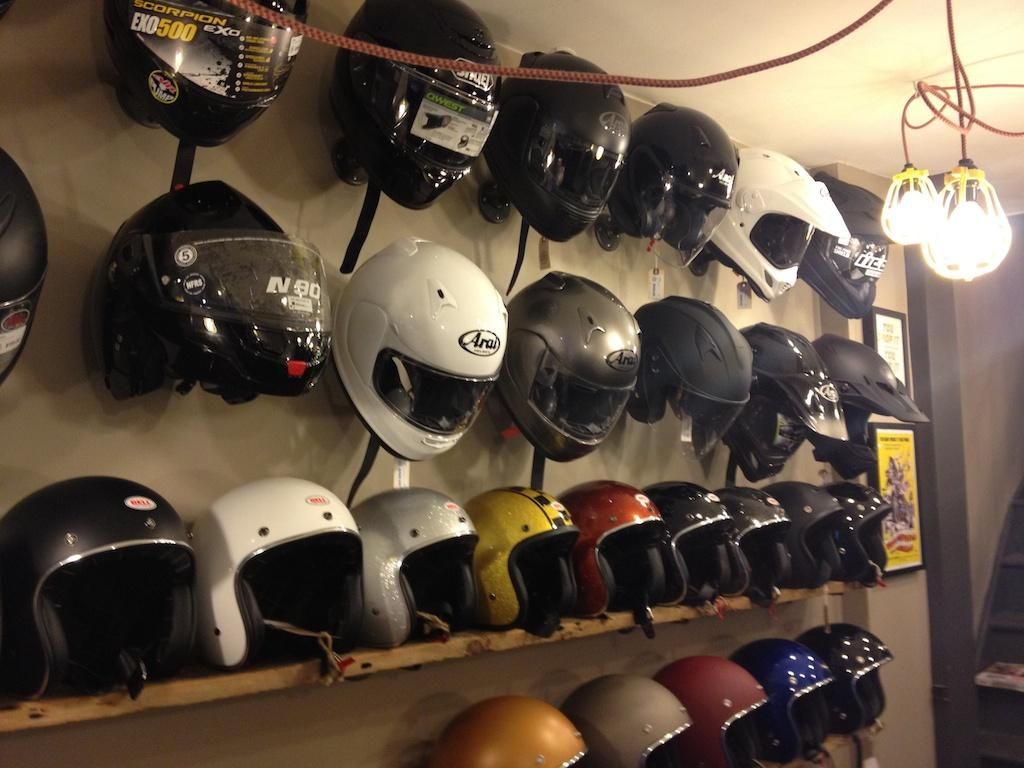 The helmet wall at Town Moto