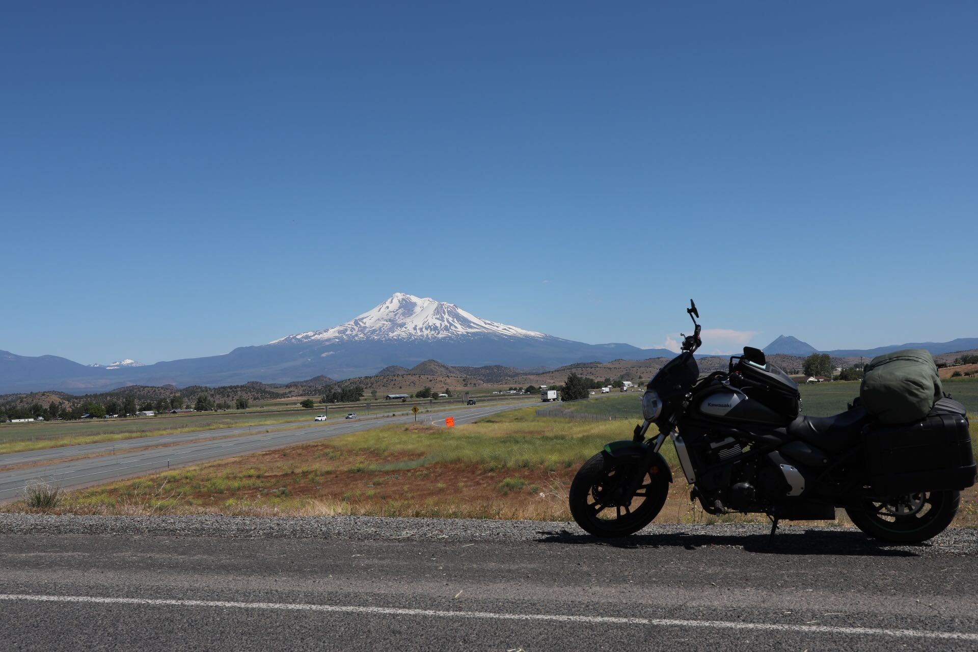 And this is Shasta from an overpass after I had coasted down two hills and rode on fumes to get fuel. From here it was mostly smooth riding to Bend. 