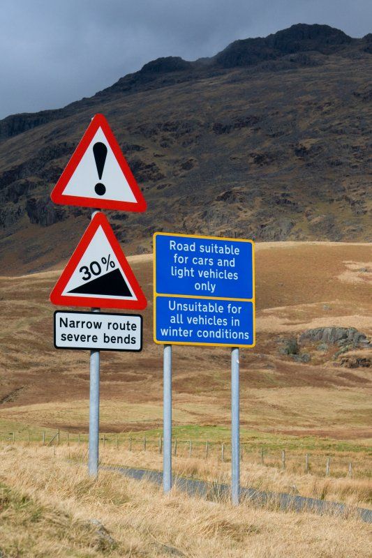 Road-sign warning – Hardknott Pass
