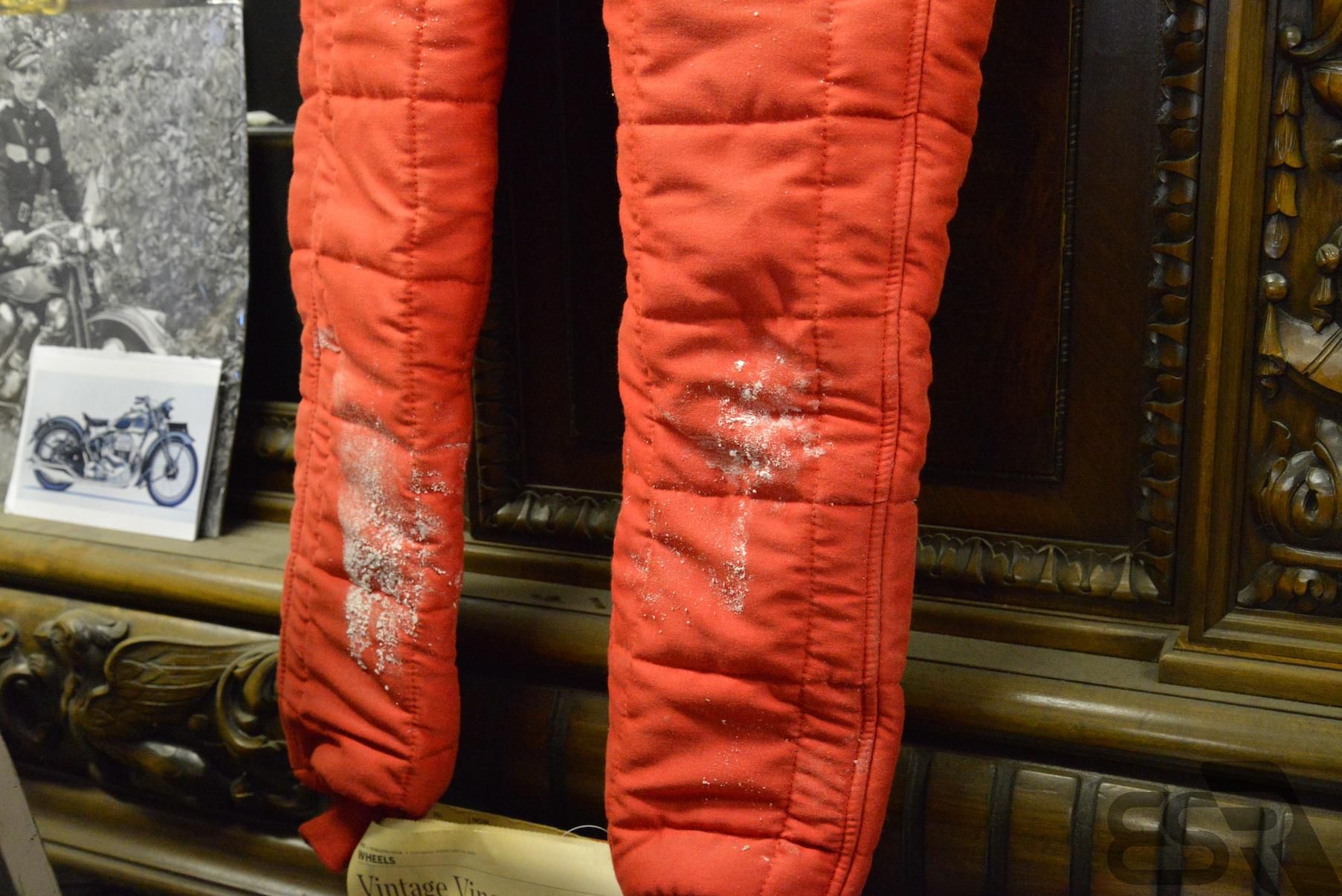 Salt stains from the flats in Bonneville still decorate Bar's fire suit