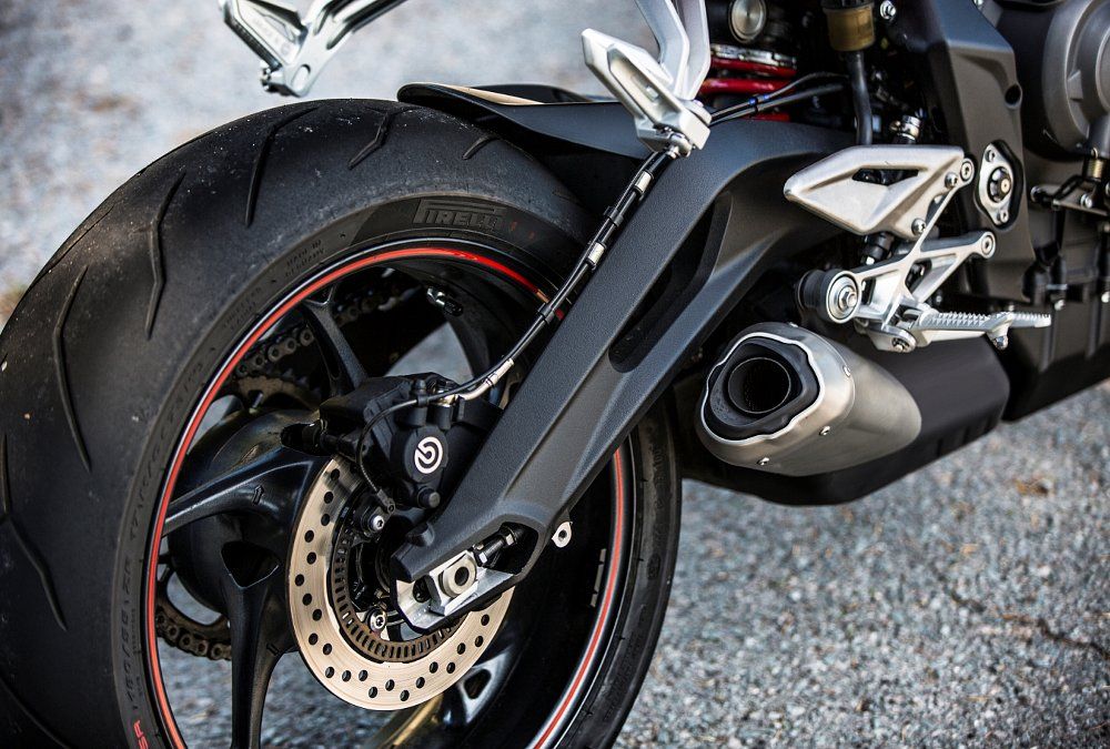The 765's new Gullwing style swing arm