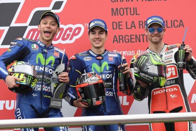 A happy (left to right) Rossi, Vinales and Crutchlow celebrating on the podium of the 2017 Argentina Grand Prix
