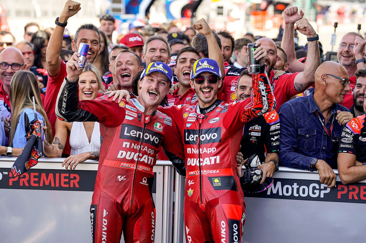Jack Miller, left, and Pecco Bagnaia celebrate their podium finishes. Ducati photo