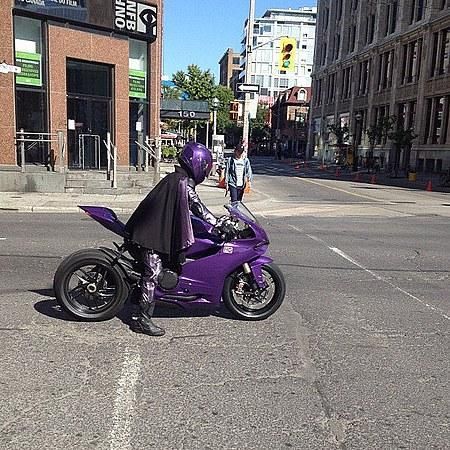 Hit-Girl and Purple Ducati at a stoplight on set for Kick-Ass 2 filming