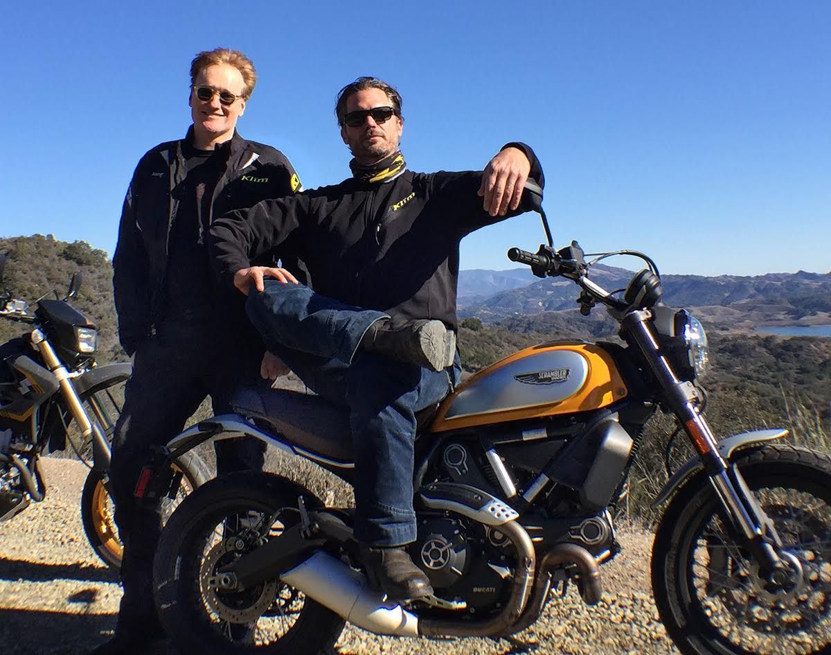 Scrambling around the hills of Southern California with TV host Conan O'Brien, a recent inductee to the motorcycle world.