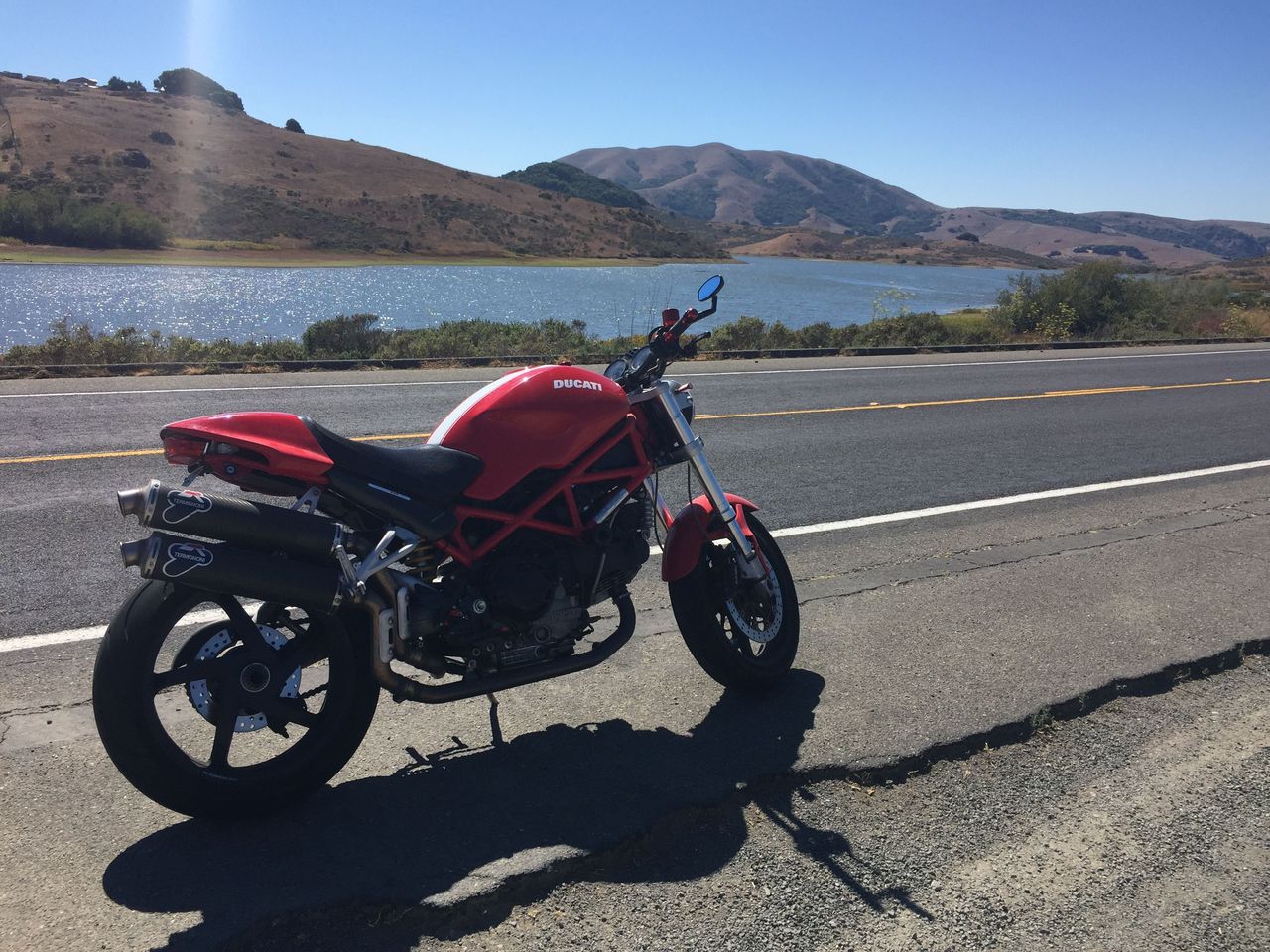 Ducati with Nicasio Reservoir in background