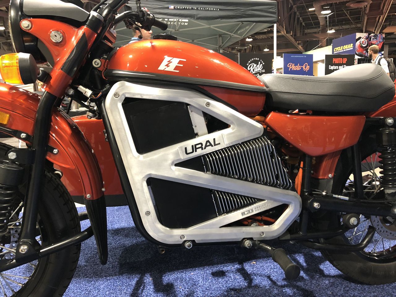 The E-Ural features an electric motor and a battery housed under the seat in the sidecar 