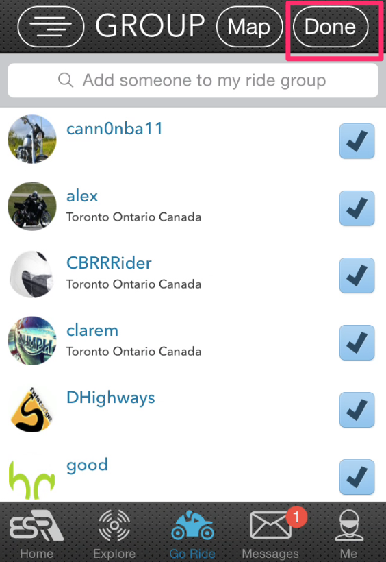 ESR App - Users added to My Ride Group
