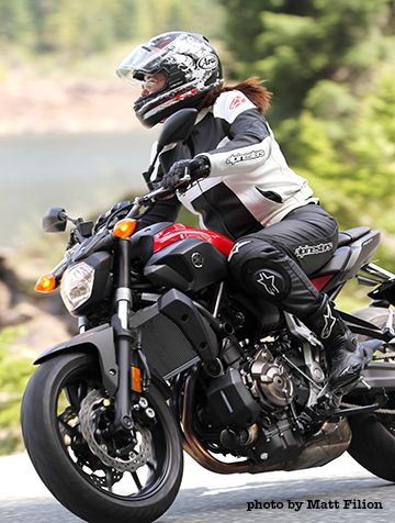 Marissa Baecker rides the 2015 Yamaha FZ-07 through the twisties en route to Gold River, B.C. on Vancouver Island