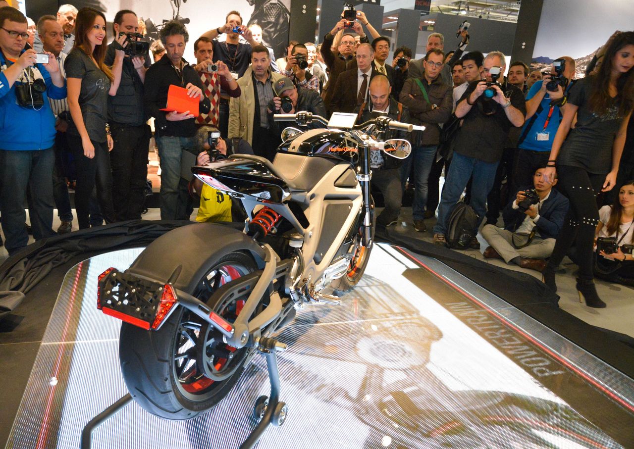 Media gathered to see Harley Davidson first electric motorcycle revealed in Europe: Project LiveWire